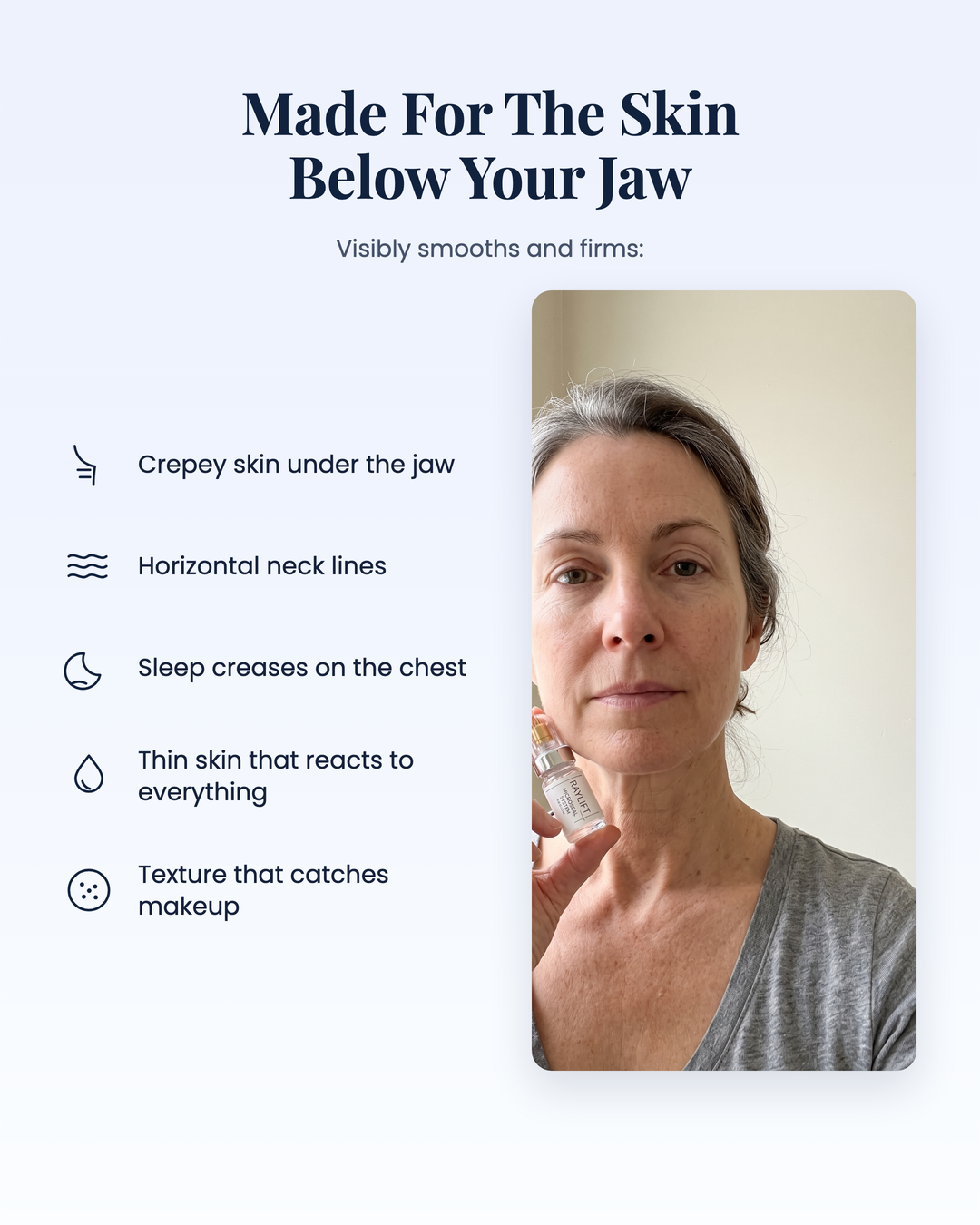 Made for the skin below your jaw: RAYLIFT MicroSeal visibly smooths and firms crepey skin under the jaw, horizontal neck lines, sleep creases on the chest, thin skin that reacts to everything, and texture that catches makeup