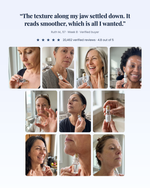 Grid of ten RAYLIFT MicroSeal customers holding the applicator, with a five star rating and a verified buyer quote about the texture along her jaw reading smoother
