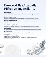 Powered by clinically effective ingredients: niacinamide, sodium hyaluronate, acetyl tetrapeptide-9, acetyl tetrapeptide-11, beta-glucan, rose damask and myrothamnus flabellifolia, shown beside the RAYLIFT MicroSeal ampoule