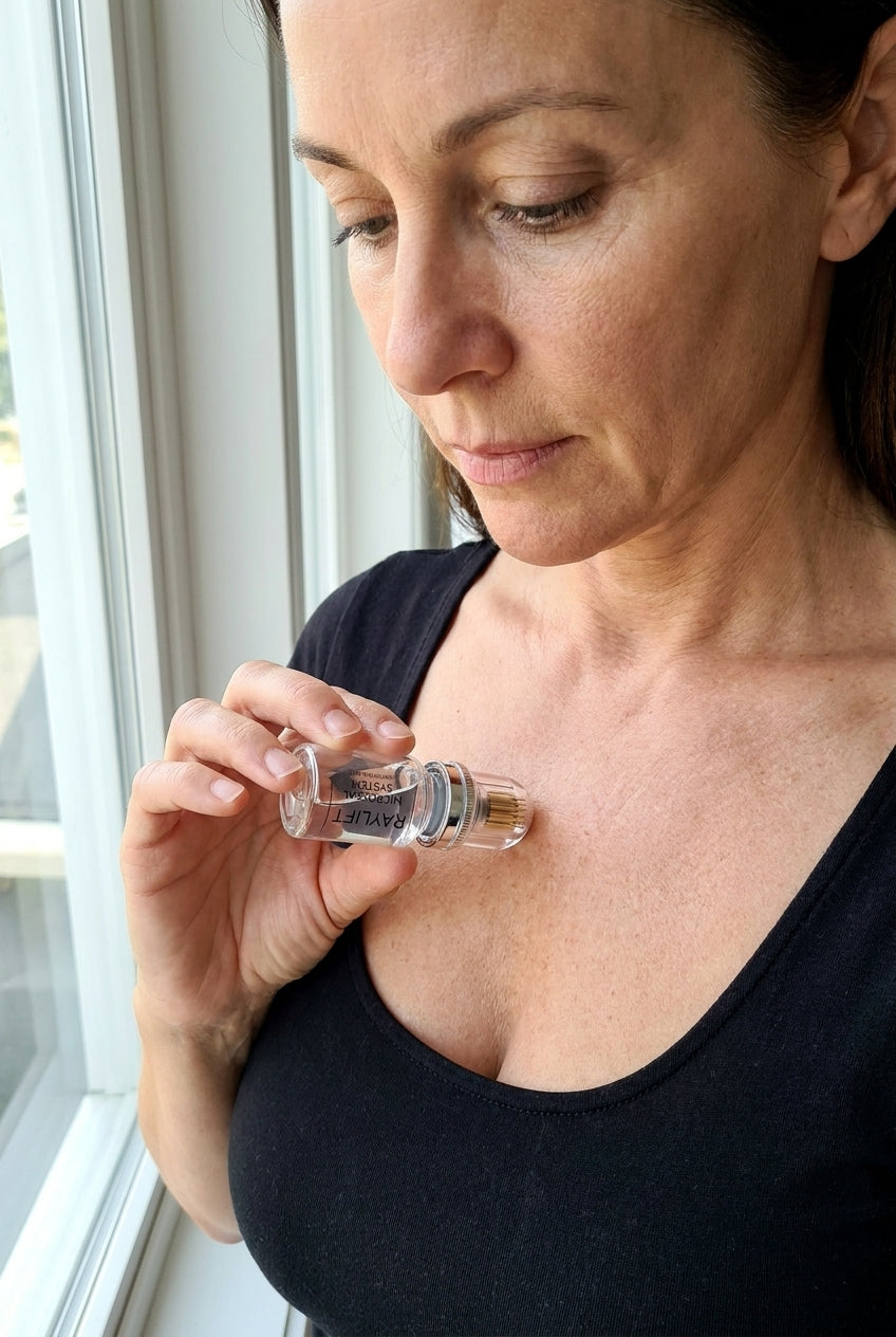 A woman rolling the head across her décolleté at a slight angle, light pressure