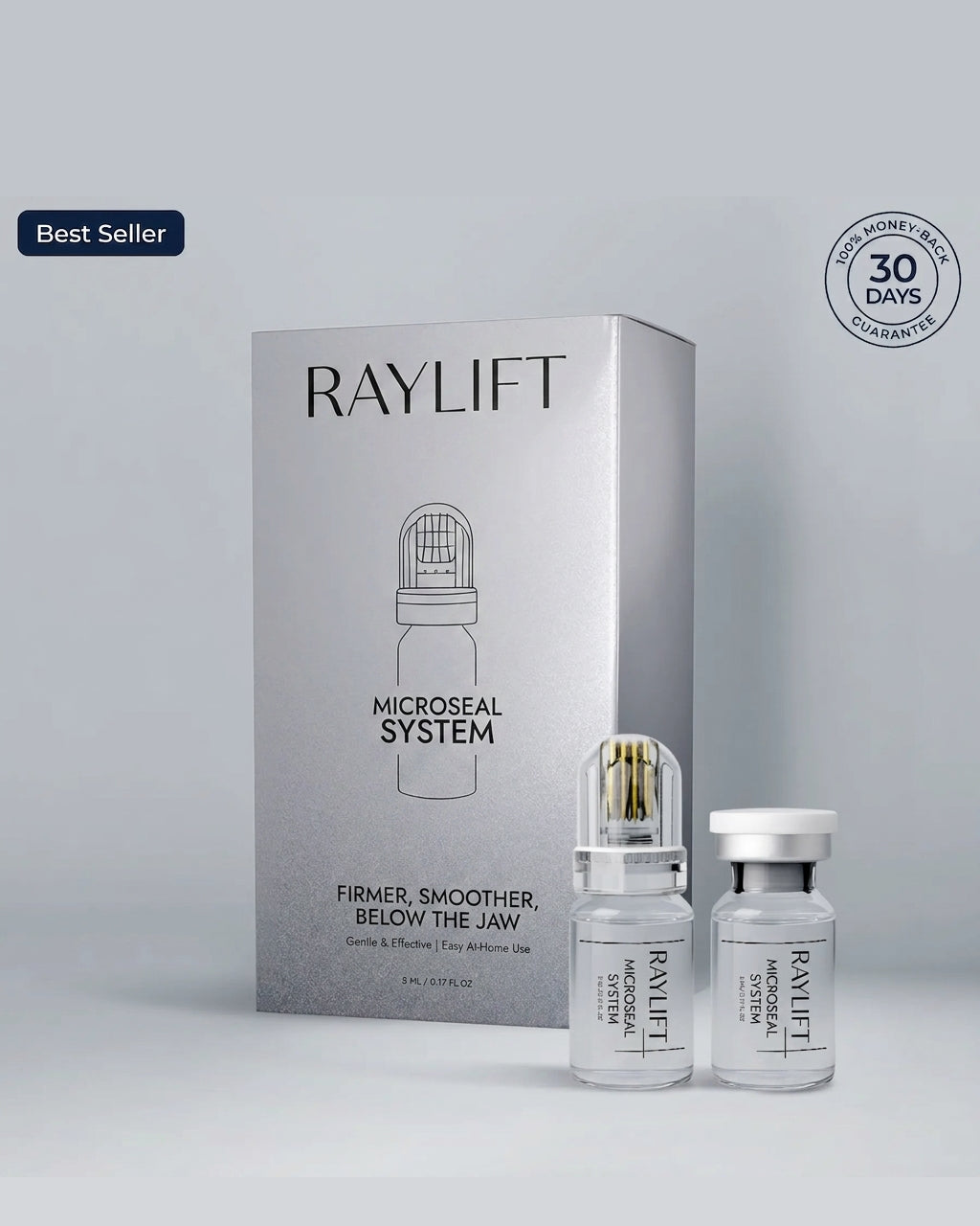 RAYLIFT MicroSeal System box with two sealed ampoules, 30-day money-back guarantee