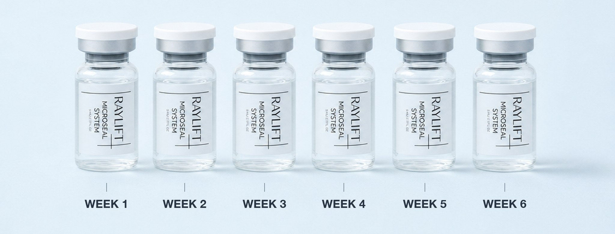 Six sealed MicroSeal ampoules in a row, marked week 1 to week 6